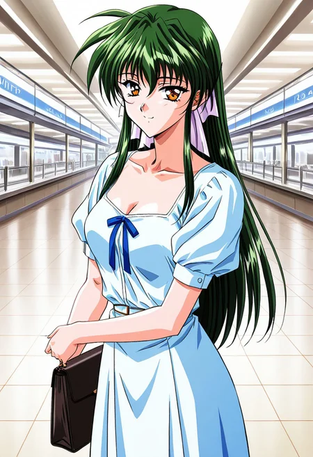 general,highres, ultra-detailed,very aesthetic,best quality ,best hands,masterpiece, best quality, newest, highres, score_9, score_8_up, score_7_up, source_anime, rating_explicit,1girl, yokota mamoru style,motion lines,,Very straight nose,slim,slender face,perfect nose,1990s (style)
Sendou Hitomi, Green Hair, Sidehair, Waist Length Hair,Amber Eyes,Necktie, Ribbon Hair Tie
anime screencap,
dress, shopping mall , long hair, looking at viewer, short sleeves, puffy sleeves, ribbon, puffy short sleeves, smile, breasts, cleavage,bag,luxury shopping mall