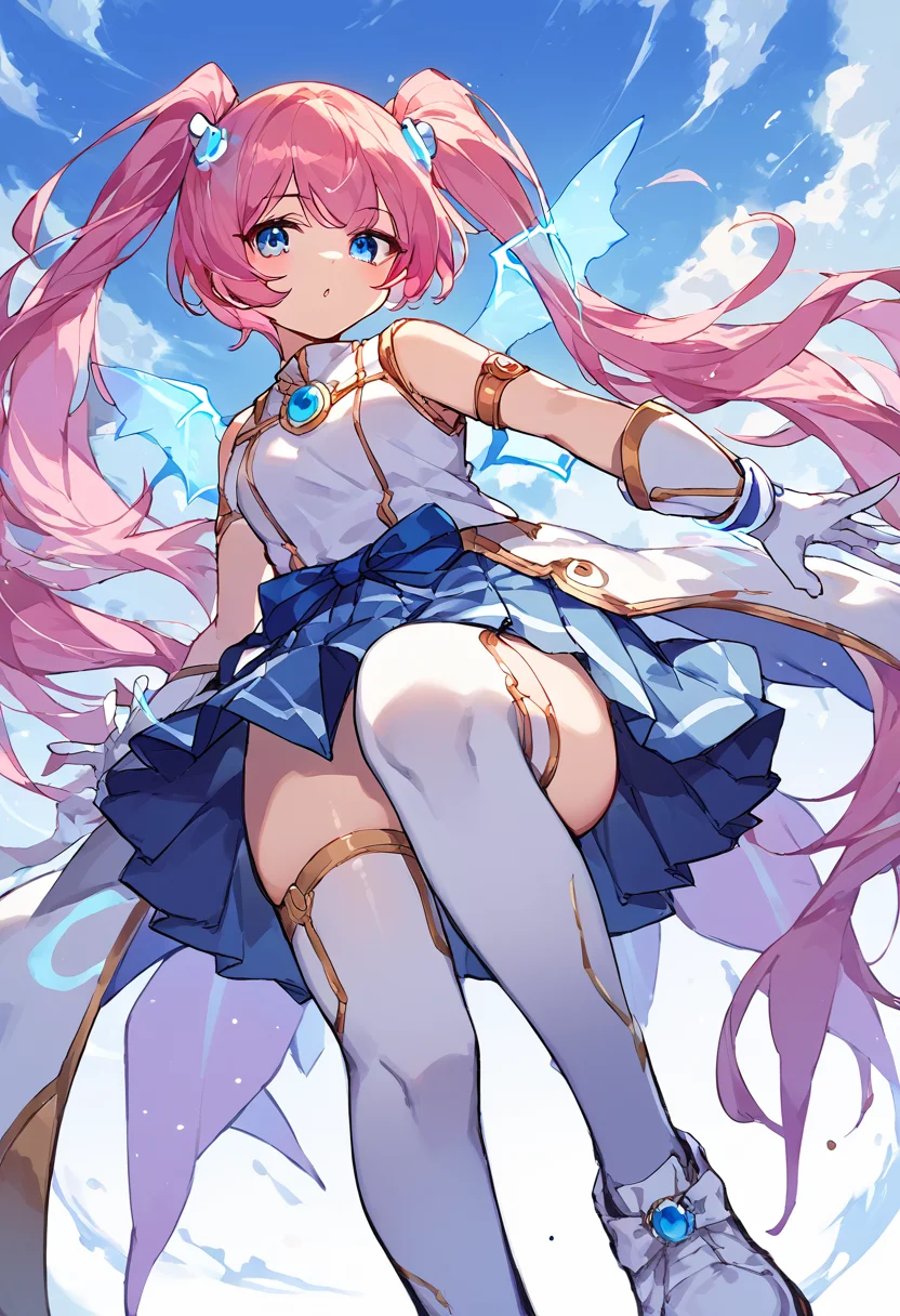 score_9,score_8_up,score_7_up,source_anime,zPDXL3,
*//*,<lora:Angelic_Buster-v1.0:1>,ab_normal,white footwear,1girl,pink hair,long hair,blue eyes,twintails,white gloves,sleeveless,white thighhighs,wings,pleated skirt,bangs,
*//*,looking at viewer,cowboy shot,dutch angle,dynamic pose,