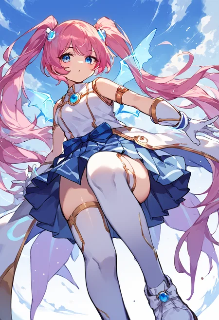 score_9,score_8_up,score_7_up,source_anime,zPDXL3,
*//*,<lora:Angelic_Buster-v1.0:1>,ab_normal,white footwear,1girl,pink hair,long hair,blue eyes,twintails,white gloves,sleeveless,white thighhighs,wings,pleated skirt,bangs,
*//*,looking at viewer,cowboy shot,dutch angle,dynamic pose,