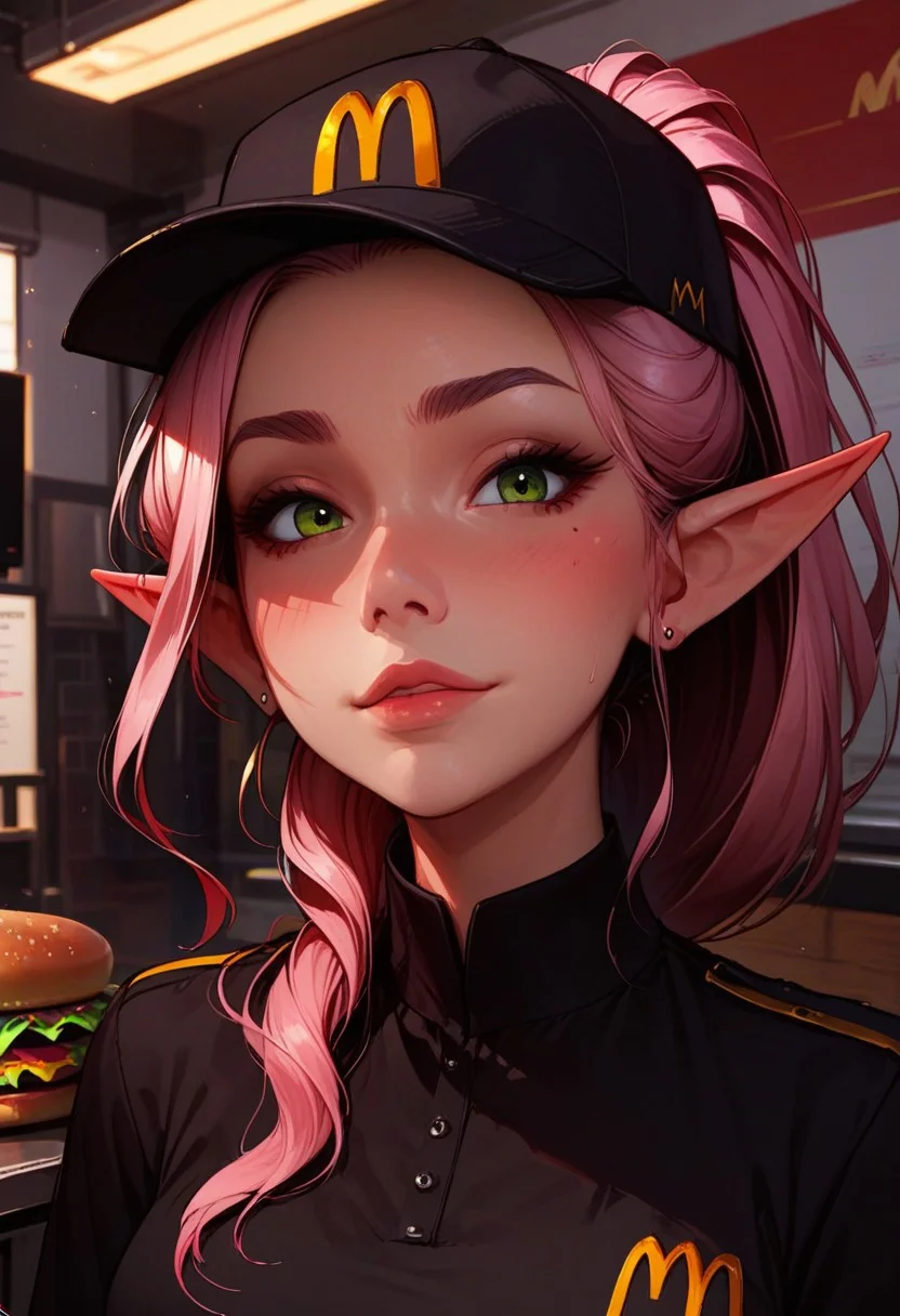 score_9, score_8_up, score_7_up, score_6_up,
1girl, 25 years old, perfect face, looking at viewer, close view,
green eyes, adult, sexy,
elf, pink hair, ponytail, sidelocks,
necklace,
blush, shy smile,
employee uniform, mcdonald's, black shirt, hat,
portrait, face focus, detailed face, holding burger