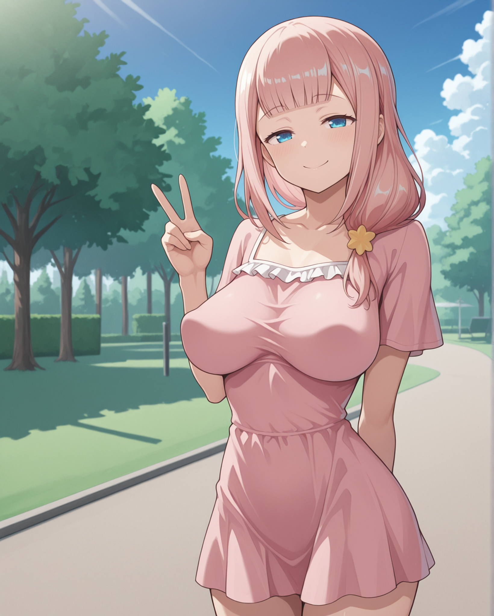 masterpiece, best quality, fujiwara_toyomi, 1girl, fujiwara_toyomi, pink hair, blue eyes, looking at viewer, blunt bangs, hair over one shoulder, large breasts, perky breasts, collarbone, pink top, frills, park, clouds, motherly side plait, hand behind back, peace sign, v-sign, standing, cowboy shot, smile, <lora:Fujiwara_Toyomi_Kaguya-sama_Love_Is_War_Illustrious:1>,