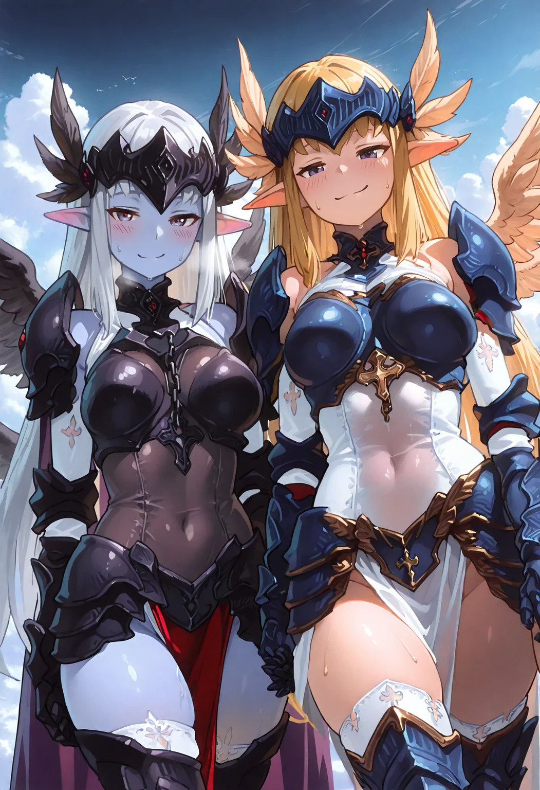 masterpiece, best quality, amazing quality, absurdres, soft, contrast, dim lighting, dark background,
2girls, duo, 20yo, curvy, yuri, holding hands,
valkyriemge, blonde hair, revealing armor, blue eyes, white pelvic curtain, long hair, blue greaves, white thigh highs, layered clothes, blue choker, blue gauntlets, thighhighs,blue armor, white dress, cross, lace, gold trim, covered navel, yellow wings, valkyrie, multiple wings, feathered wings, visor, head wings, blue visor,
sweat, blush, breath, smug, close-up, dynamic angle, dynamic pose,
looking at viewer, detailed background, cinematic, volumetric lighting, reflective surface, clouds, sky, day,
<lora:StS-Illustrious-Detail-Slider-v1.0:3>, <lora:illustrious_quality_modifiers_masterpieces_v1:0.5>,<lora:Dramatic Lighting Slider:1.7> <lora:More_interesting_backgrounds:0.6>
<lora:valkyriesmge-000008:1>
