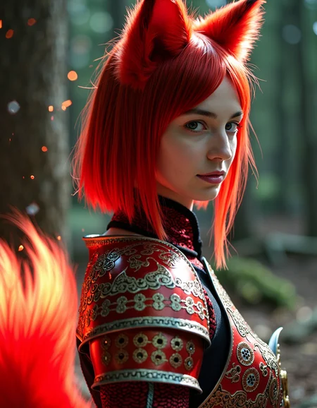 photography, nine tailed kitsune, 21 years old, german, short hair, Fujifilm XT3, F/5, photography, wearing a skimpy armour, magic particles, glowing nordic runes covering her outfit, filigree, nine tailed fox
