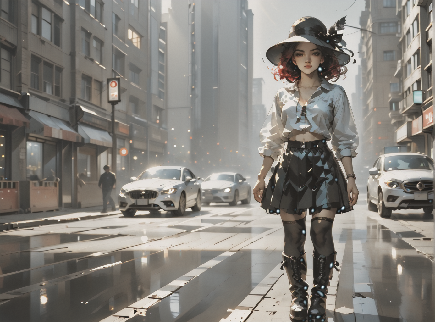 score_9, score_8_up, score_7_up, character portrait, angled, 1girl, pale skin, medium breasts, <lora:sm0k3XLP:1>, <lora:goth_clothes:1>, (black sunhat, black stockings, black skirt, black top, zipper boots, crimson red hair, black highlights, <lora:_sdxl-gaming-pony:1>, <lora:Dark_Retro_Scifi_Aesthetic:1>,