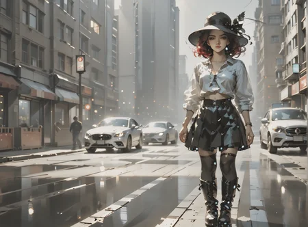 score_9, score_8_up, score_7_up, character portrait, angled, 1girl, pale skin, medium breasts, <lora:sm0k3XLP:1>, <lora:goth_clothes:1>, (black sunhat, black stockings, black skirt, black top, zipper boots, crimson red hair, black highlights, <lora:_sdxl-gaming-pony:1>, <lora:Dark_Retro_Scifi_Aesthetic:1>,