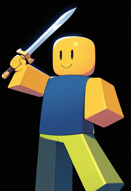 masterpiece, best quality, amazing quality, very aesthetic, absurdres, newest,
black background, holding sword, straight arm,
noob, solo, smile, colored skin, yellow skin, 1boy, yellow block arms, green block legs, round head, , closed mouth, blue shirt, green pants, solid oval eyes, sleeveless,