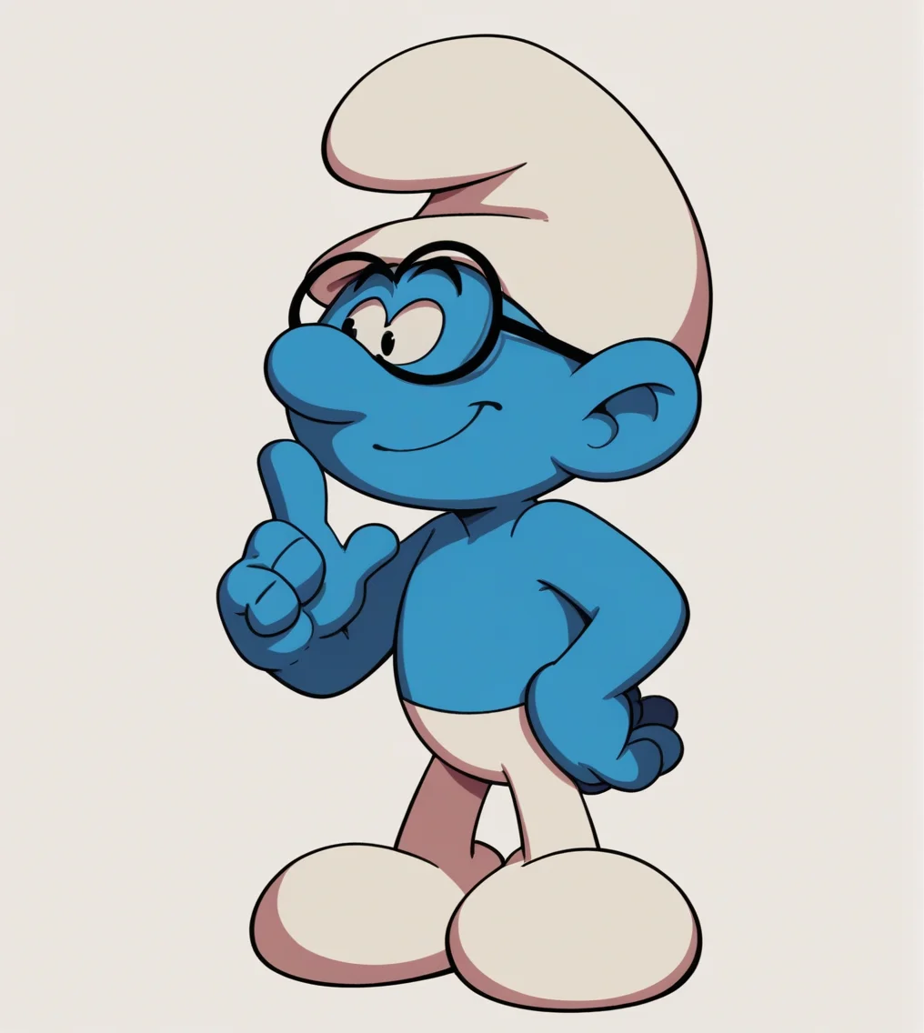 score_9,score_8_up, score_7_up,
1boy, solo, Brainy_Smurf, blue skin, white pants, black glasses, white hat, white shoes, white background, cartoon, source_cartoon,
<lora:Smurf_Character_Pack:1>