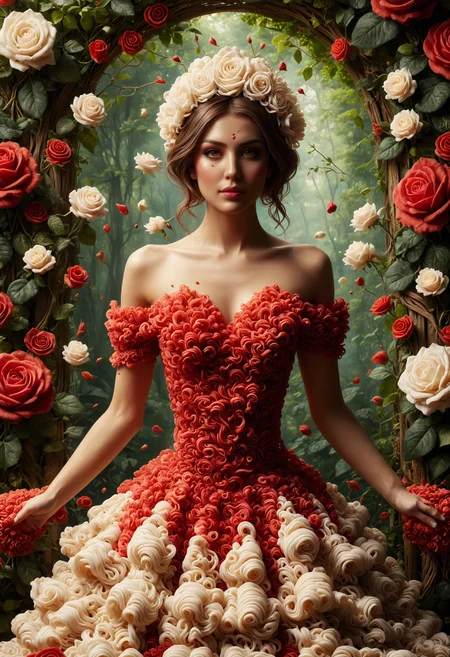 A captivating oil painting of a pretty queen, (upper body), adorned with a majestic crown of ruby-heart shapes. She wears a striking burgundy, abstract, and eye-catching gown that features elegant heart and rose motifs. The queen stands gracefully in a beautiful garden beside a bush of painted white roses turned red, with a touch of red paint dripping from them, the artwork exudes a fantastical, cinematic atmosphere, transporting the viewer into a world of enchantment and whimsy., painting, cinematic, made out of noodles, <lora:PinkieNdlsSDXL-000002:1>, p1nkn00dles,