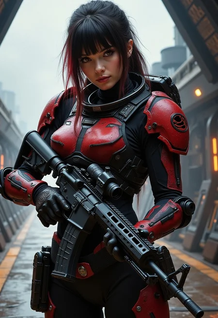 masterpiece, RPG Style, hyperrealistic oil painting, portrait of female space marine in black and red body armor, standing on deck of spaceship, holding an assault rifle with both hands, dark hair with red highlights, bangs, sidelocks, great lighting, rule of thirds