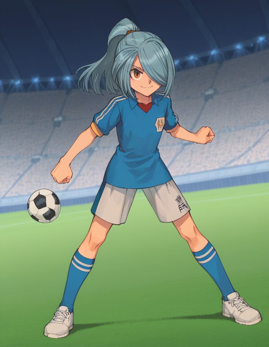 score_9, score_8_up, score_7_up, masterpiece, 
<lora:FSR:1>, light smile, soccer, stadium, full body, shooting a ball, 
fsr,  hair over one eye, blue hair, ponytail, nathan, <lora:Nate:1>, brown eyes, raimon soccer uniform,