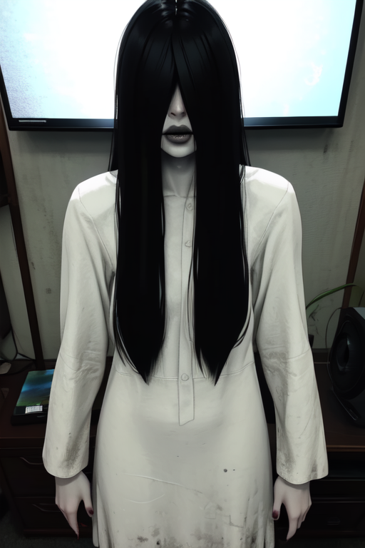 Sadako,  long black hair, facing viewer,  pale skin, hair over eyes,
White dress, long sleeves ,dirty clothes,     
solo, standing, 
dark room, large TVs,    
(insanely detailed, beautiful detailed face, masterpiece, best quality)  <lora:TheOnryo-09:0.7>