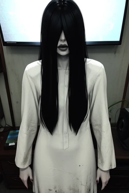 Sadako, long black hair, facing viewer, pale skin, hair over eyes,
White dress, long sleeves ,dirty clothes,
solo, standing,
dark room, large TVs,
(insanely detailed, beautiful detailed face, masterpiece, best quality) <lora:TheOnryo-09:0.7>