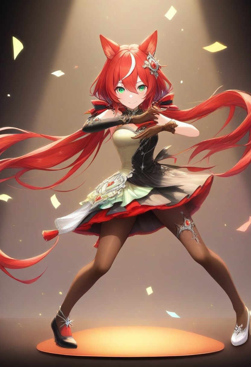 Jed-StickyN, confetti made of sticky notes, 
(win_variation_(umamusume), 1girl, solo, streaked_hair, tail, twintails, shobufuku,  )
frills, gloves, green_eyes, grey_background, hair_between_eyes, hair_ornament, horse_ears, horse_girl, horse_tail, long_hair, low_twintails, mismatched_footwear, multicolored_hair, pantyhose, 
(pleated_skirt, red_dress, red_hair, shoes, short_sleeves, skirt, small_breasts, smile,  looking_at viewer, bangs, hair_between eyes, bare_shoulders, full_body, black_pantyhose, brown_gloves, dancing, red_spotlight, black_footwear, white_footwear, mismatch_footwear, dynamic_pose,  very_long_hair, animal_ears, asymmetrical_footwear, black_gloves, black_shoes, brown_pantyhose, character_name, closed_mouth, dress, floating_hair, frilled_sleeves,, white_hair, white_shoes, white_skirt : 0.7)