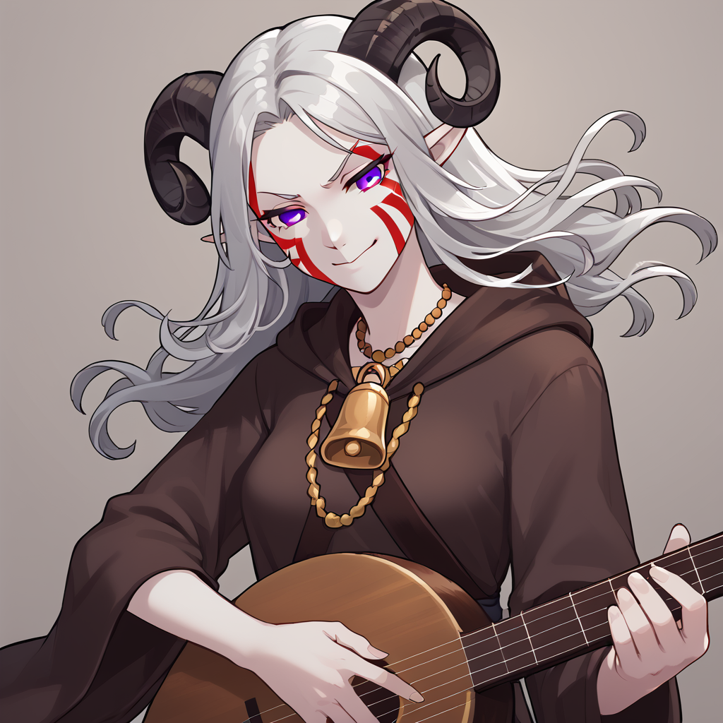 <lora:lute_instrument_holding_instrument:0.8>  holding_instrument, lute_(instrument), source_furry, score_7_up, rating_safe, cowboy shot, gold necklace, tiefing, short pointed ears, horns, (a pair of brown sheep Horns that begin at her temples and curve back: 1.5), bangs,long silver hair long wavy hair, pale skin, claw red face paint below eyes:1.5, pointy ears, purple eyes:1.2, <lora:age_slider_v4:0.6>   medium breasts, skinny female, close up, silver hair <lora:Tieflingnew weird fantasyDND:0.3> Tiefling, pointed ears, horns, from above, angry, half-closed eyes:1.5, smile mouth:1.2,<lora:Smooth Style 2 SDXL_LoRA_Pony Diffusion V6 XL:0.5>  shepherd's crook, bell, robe, hood off, <lora:Nanoless_Artist_Style_PonyXL:0.3> ,