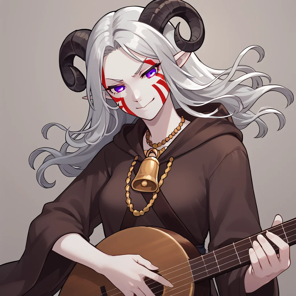 <lora:lute_instrument_holding_instrument:0.8>  holding_instrument, lute_(instrument), source_furry, score_7_up, rating_safe, cowboy shot, gold necklace, tiefing, short pointed ears, horns, (a pair of brown sheep Horns that begin at her temples and curve back: 1.5), bangs,long silver hair long wavy hair, pale skin, claw red face paint below eyes:1.5, pointy ears, purple eyes:1.2, <lora:age_slider_v4:0.6>   medium breasts, skinny female, close up, silver hair <lora:Tieflingnew weird fantasyDND:0.3> Tiefling, pointed ears, horns, from above, angry, half-closed eyes:1.5, smile mouth:1.2,<lora:Smooth Style 2 SDXL_LoRA_Pony Diffusion V6 XL:0.5>  shepherd's crook, bell, robe, hood off, <lora:Nanoless_Artist_Style_PonyXL:0.3> ,