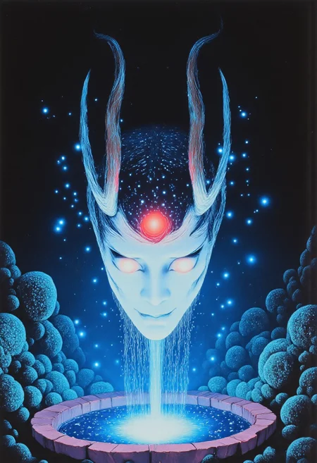 ArsMovieStill, movie still from a 1970s horror movie Studio Ghibli Dark Fairytale depicting a cursed hannya mask with horns and fangs blooming out of a blue lotus in a liminal bonsai garden with eerie radiating cyan and magenta miasma satyr
