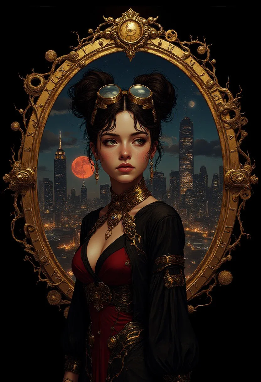 The image is a digital art piece at night that appears to be a portrait of(full body) a young woman with a futuristic and aetherpunk-inspired hairstyle.Behind her an oval window surrounded by fractal brass intricate details, She is wearing a multicolor and brass outfit with intricate details and gem jewelry. She is under a perspective ceiling light,Her hair is styled in a high bun with a pair of goggles on top, and she is looking off to the side with a serious expression on her face.
In the background through the window, there is a large clock with intricate gears and cogs, and a aetherpunk cityscape at night like a painting with tall buildings and skyscrapers,city lights. The clock is surrounded by a nightsky with clouds,red moon and stars. The overall mood of the image is dark and mysterious, with a sense of mystery and intrigue.