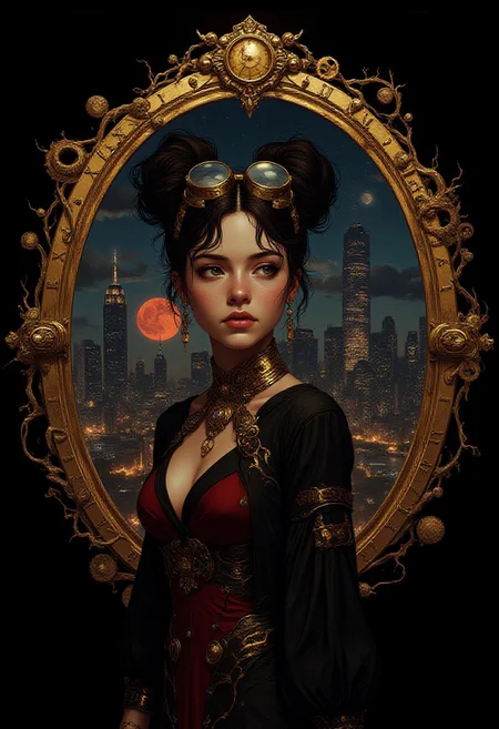 The image is a digital art piece at night that appears to be a portrait of(full body) a young woman with a futuristic and aetherpunk-inspired hairstyle.Behind her an oval window surrounded by fractal brass intricate details, She is wearing a multicolor and brass outfit with intricate details and gem jewelry. She is under a perspective ceiling light,Her hair is styled in a high bun with a pair of goggles on top, and she is looking off to the side with a serious expression on her face.
In the background through the window, there is a large clock with intricate gears and cogs, and a aetherpunk cityscape at night like a painting with tall buildings and skyscrapers,city lights. The clock is surrounded by a nightsky with clouds,red moon and stars. The overall mood of the image is dark and mysterious, with a sense of mystery and intrigue.
