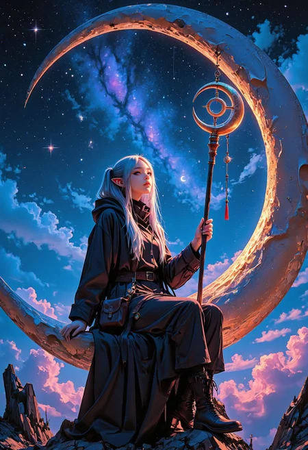 masterpiece, best quality, very aesthetic, absurdres, highres, vivid, artistic, stylized, 8k, hdr, anime coloring, night, crescent, sitting on crescent, starry sky, clouds
frieren, wizard, hooded coat, mad-cable, deep-red and purple, sash, closed coat, layered clothing, tailored trousers, boots, staff, tome, pouch,
<lora:DRKWB:0.4> <lora:SketchStyle:0.8> Jedsk5tch, sketch, <lora:skzW0rld-IXL:0.6> skzW0rld