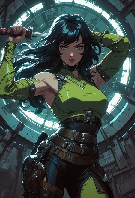 A highly detailed digital painting of a fierce female warrior with long, flowing black hair, wearing a form-fitting green combat suit with armored details. She wields a katana, holding it above her shoulder in a battle-ready stance. Her intense gaze and sharp facial features exude confidence and determination. The background features a futuristic metallic circular doorway with a glowing light source behind her, casting a dramatic glow on her figure. The art style blends semi-realism with comic book aesthetics, emphasizing smooth shading, vibrant lighting, and dynamic character design