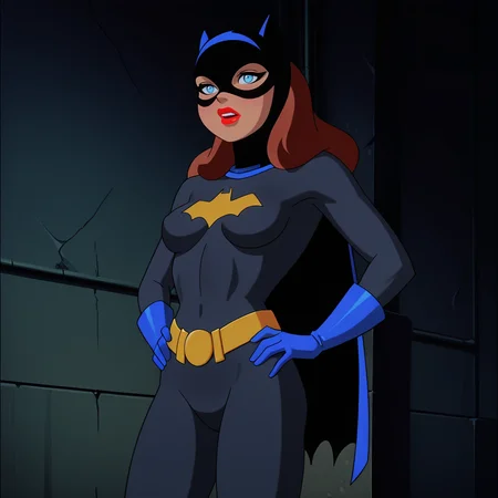 <lora:BatgirlDCAU_illustrious_v1:1> BatgirlDCAU, 1girl, lipstick, cape, medium breasts, blue eyes, mask, bodysuit, gloves, superhero, belt, red lips, makeup, long hair, brown hair, hands on hips, cowboy shot