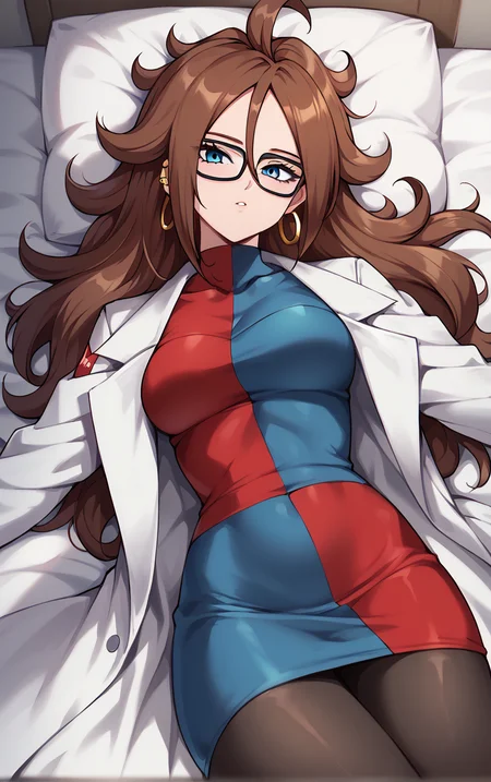 score_9, score_8_up, score_7_up, BREAK
HumanForm_Labcoat_Android21_ownwaifu, android 21,
1girl, big hair, blue eyes, brown hair, curly hair, glasses, hoop earrings, jewelry, long hair, spiked hair, hair between eyes, medium breasts, nail polish, black nails, black-framed eyewear, messy hair,
lab coat, white coat, long sleeves, checkered dress, black pantyhose, short dress, blue dress, red dress, turtleneck dress, impossible clothes, taut clothes, collarbone,
(lying, on bed, on back), pillow, from above, indoors, <lora:PONYXL_Android21_DragonBall_ownwaifu:0.75> , depth of field, solo,