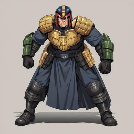 score_9,score_8_up,score_7_up,score_6_up,score_5_up,score_4_up,source_anime BREAK judge dredd,armor,helmet,scowling,black visor,full body shot,<lora:Judge_Dredd_Comic_Style_v2_Pony_SDXL:0.8>,cover art,