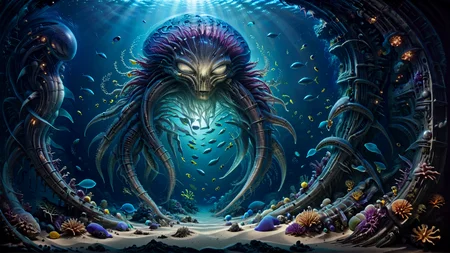 Immerse yourself in the mesmerizing depths of an underwater world. Capture the enigmatic beauty of an alien progenitor ruins on the ocean bed, illuminated by the vibrant glow of marine flora. Experience the enchanting world of thriving life beneath the waves. Use HDR and raytracing to enhance visual impact of the vibrant colours and create an ultimate masterpiece