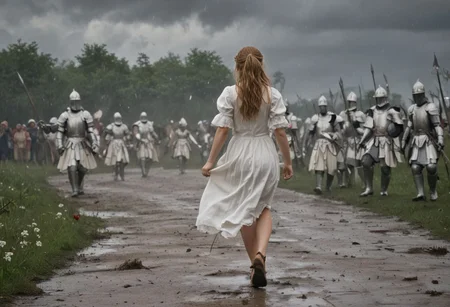 1girl with an army of knights.
(happy little girl in clean white dress) runs with a white flower in her hand towards background (facing away) from camera. back turned.
(Knights with blood and wounds) marching home from a battlefield in background from right to left.
Masterpiece, DonMSt34mPXL, Realistic Lightning, Cinematic Lightning, Dark Lightning, Rain, Puddle, Clouded Sky, medieval, fantasy, pedestrians, Cape, Reflection.