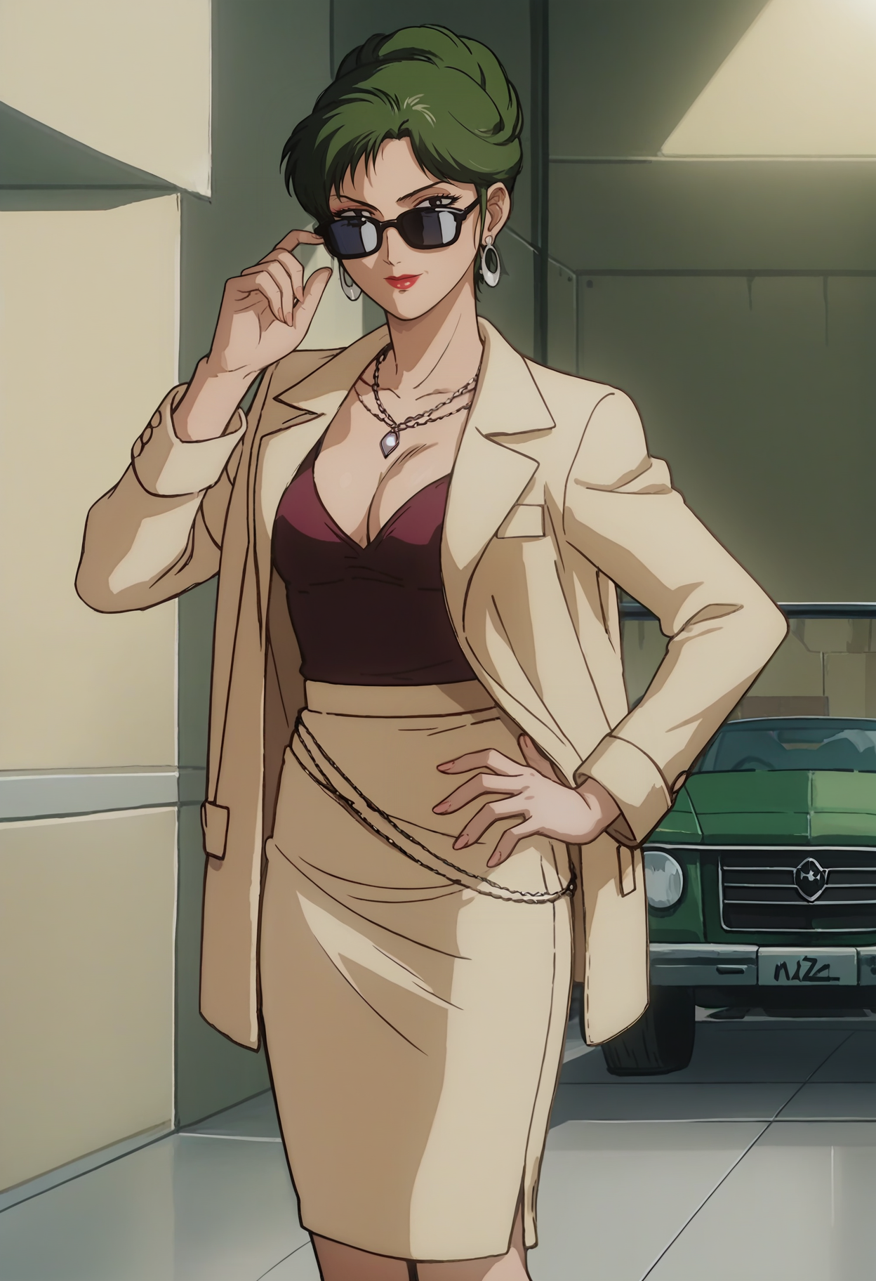 score_9, score_8_up, score_7_up, score_6_up, anime screencap, anime coloring,  <lora:CimaGarahau_epoch_7:0.7>, CimaGarahau, short hair, green hair, single hair bun, lipstick, black eyes, makeup,
pearl necklace, hoop earrings, beige jacket, red camisole, cleavage, beige skirt, pencil skirt, black high heels,
holding removed eyewear, sunglasses, looking at viewer, hand on own hip, cowboy shot, hand up,