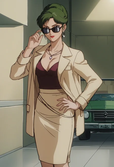 score_9, score_8_up, score_7_up, score_6_up, anime screencap, anime coloring,  <lora:CimaGarahau_epoch_7:0.7>, CimaGarahau, short hair, green hair, single hair bun, lipstick, black eyes, makeup,
pearl necklace, hoop earrings, beige jacket, red camisole, cleavage, beige skirt, pencil skirt, black high heels,
holding removed eyewear, sunglasses, looking at viewer, hand on own hip, cowboy shot, hand up,