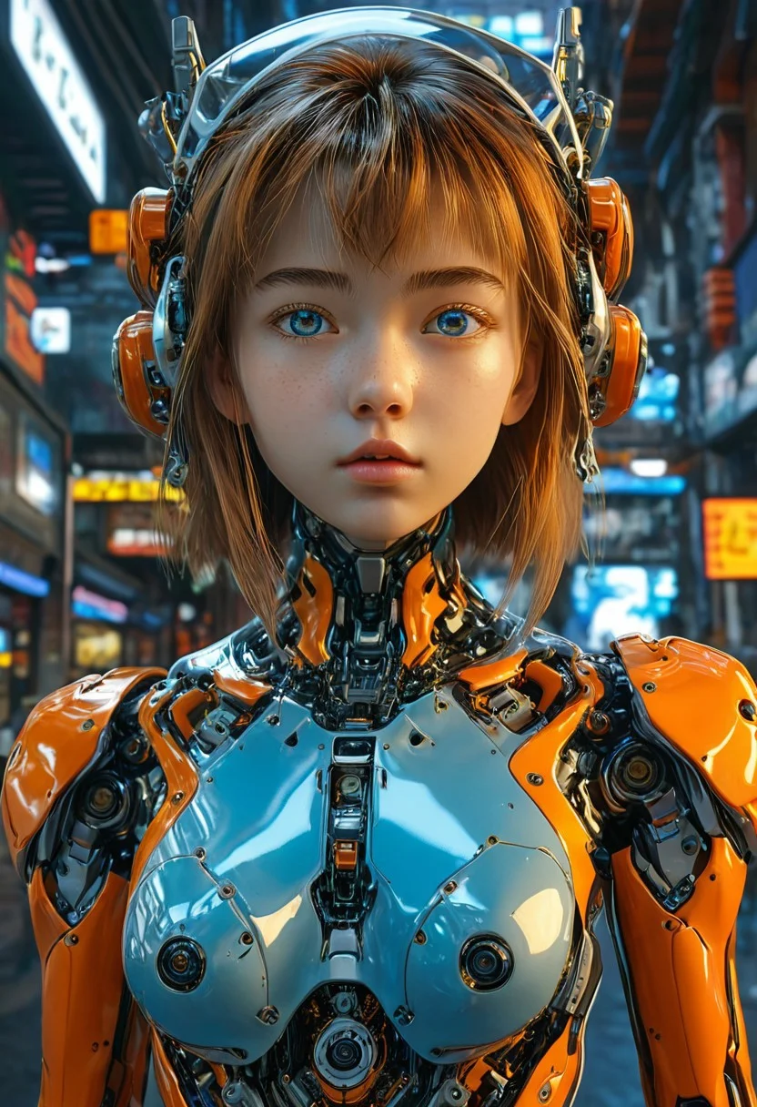 This exceptional masterpiece boasts unparalleled quality, showcasing extreme detail and hyper-realistic elements. The scene features a stunning, 18-year-old girl with perfect features, a slim body, and flawless skin. Her detailed eyes and natural beauty captivate the viewer, while the mecha in the background adds a futuristic touch. The image's vibrant colors and low-angle perspective make this a truly remarkable work of art.