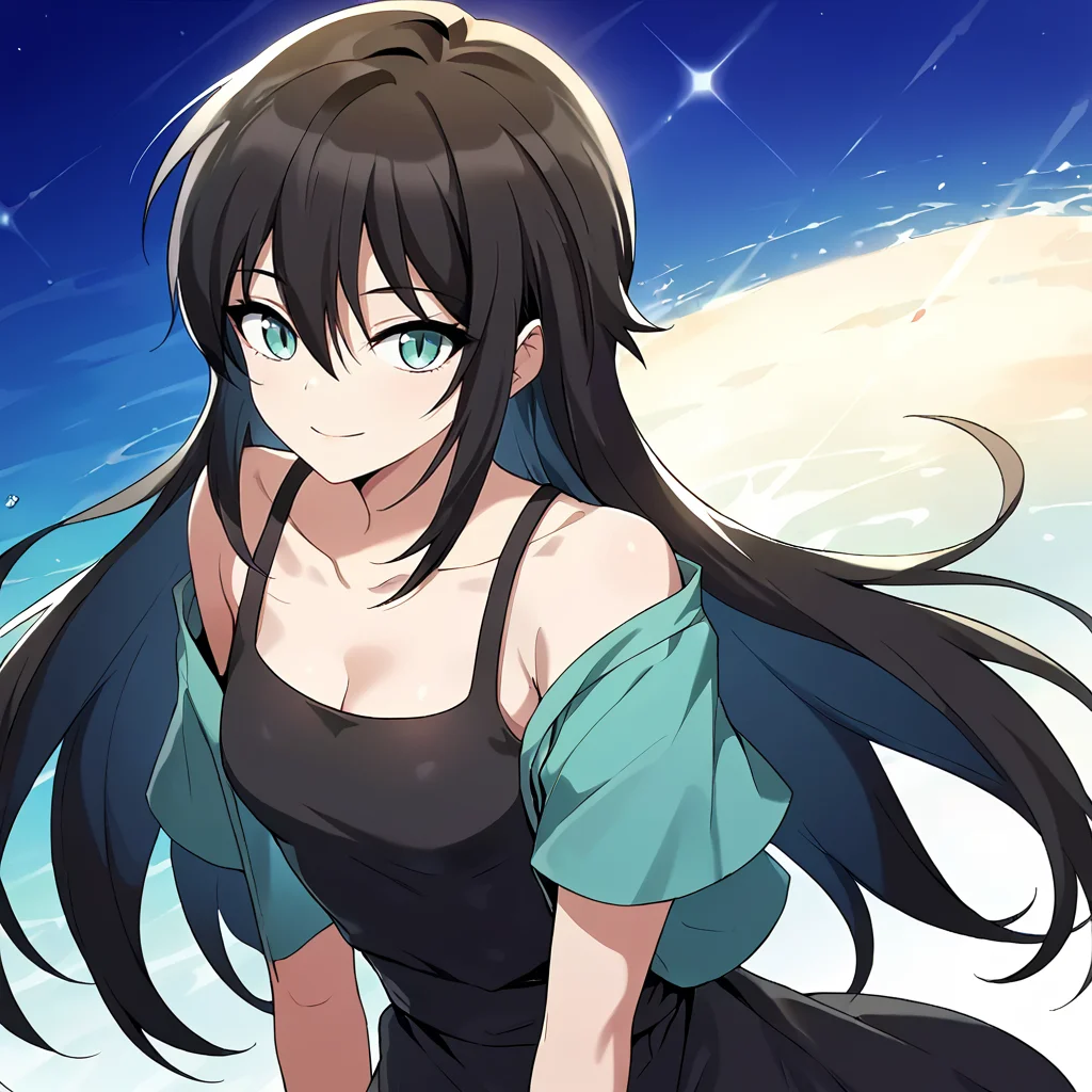 1girl, solo, rurin, long hair, black hair, aqua eyes, slit pupils, hair between eyes, bangs, collarbone, small breasts, cleavage, bare shoulders, dress, green jacket, open shirt, short sleeves, black dress, black tank top, looking at viewer, cowboy shot, smile,
score_9, score_8_up, score_7_up, masterpiece,
<lora:Rurin_r1:0.8>