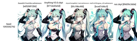 1girl, solo, hatsune miku, very long hair, aqua hair, aqua eyes, twintails, grey sleeveless shirt, blue necktie, black detached sleeves, black pleated skirt, large breasts, alternate breast size, cleavage, cleavage cutout, emotionless, cowboy shot, <lora:Fishine-artist:1>