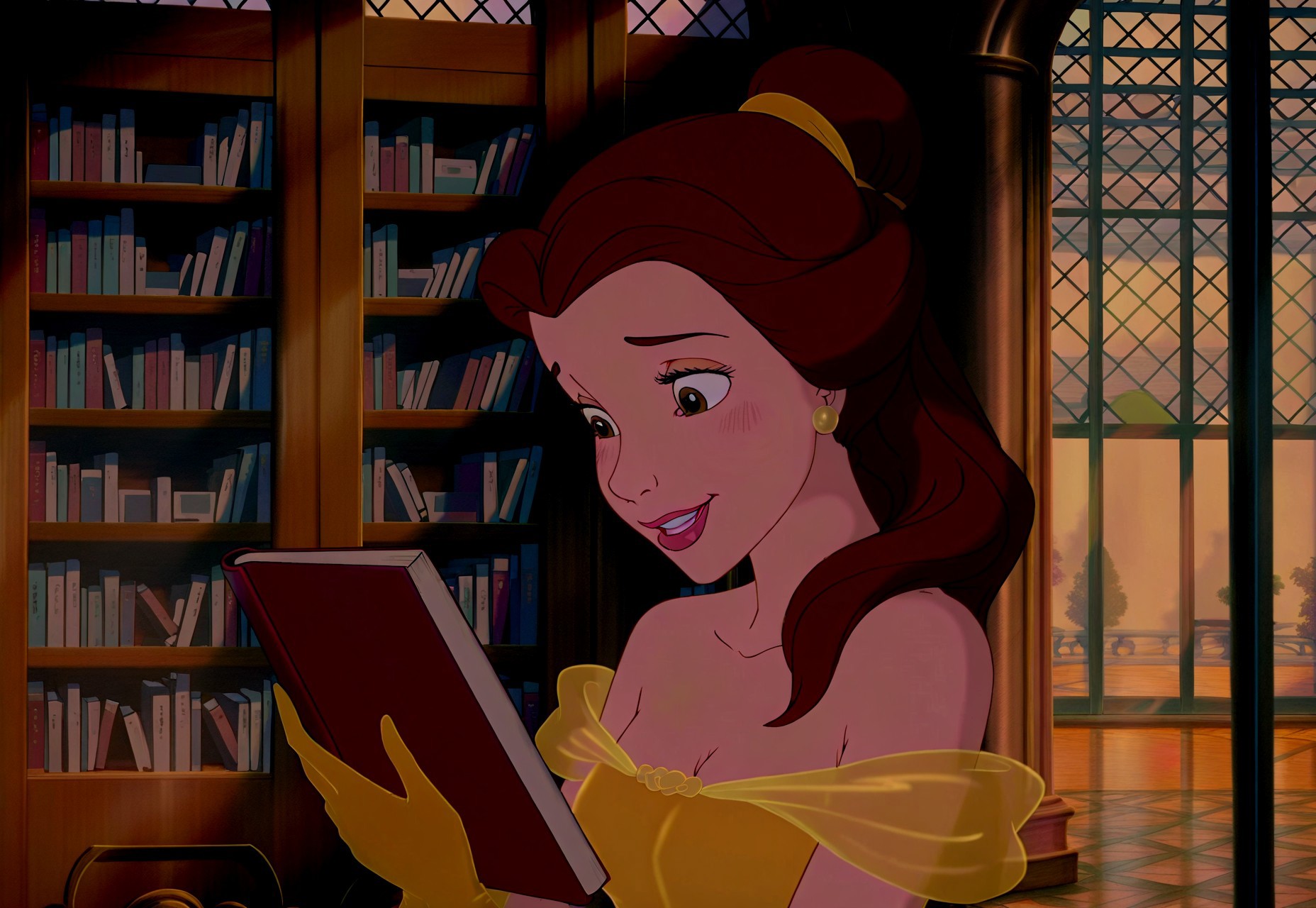 masterpiece, absurdres, highres, (anime screencap:2, anime coloring:2), on-model, accurate art style, show accurate, cartoon screencap, movie accurate, official screencap, style parody, flat colors, official art, proper proportions, extremely detailed, newest, BREAK, 1girl, girl is 25, mature girl, mature female, belle (character), long hair, brown hair, single hair bun, hair ribbon, ribbon, golden yellow ribbon, brown eyes, lipstick, blush, earrings, jewelry, gloves, yellow dress, ballgown, yellow ballgown, bare shoulders, smile, holding a book, BREAK, detailed background, indoors, library, day, BREAK, vibrant colors, cinematic lighting, 75% soft lighting, 25% dark lighting