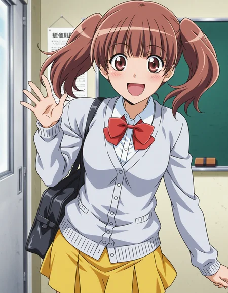 1girl,solo,anime screencap,kaichou wa maid-sama!,
<lora:hanazono_sakura_kaimei_v1_IL:0.7>,hanazono_sakura,brown eyes,bangs,blunt bangs,twintails,brown hair,collared shirt,long sleeves,red ribbon,yellow skirt,black school bag,breasts,grey cardigan,
<lora:dmd2_sdxl_4step:1>,cowboy shot,smile,looking at viewer,open mouth,school,indoors, happy,