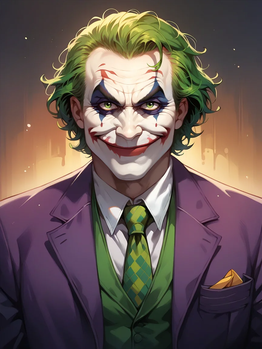 score_9, score_8_up, score_7_up, score_6_up, score_5_up, <lora:thejokerXLP:0.8> the joker, 1boy, solo, green hair, suit, smile, formal, necktie, gloves, green eyes, clown