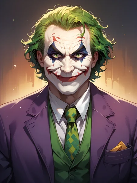 score_9, score_8_up, score_7_up, score_6_up, score_5_up, <lora:thejokerXLP:0.8> the joker, 1boy, solo, green hair, suit, smile, formal, necktie, gloves, green eyes, clown