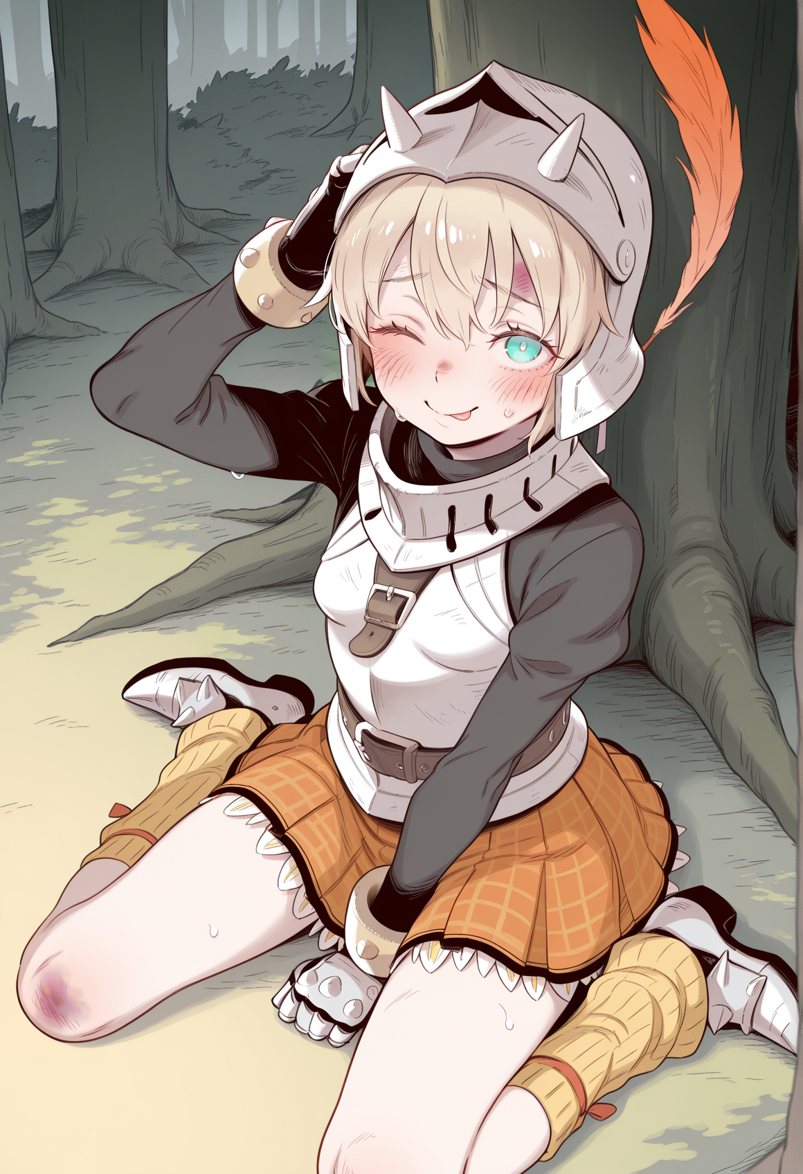 nurami \(shouji\), ter \(otokoter\), 1girl, short hair, blonde hair, aqua eyes, strap, belt, pleated skirt, checkered skirt, orange skirt, long sleeves, gauntlets, leg warmers, armored boots, helmet, hat feather, armor, breastplate, strap, belt, wariza, outdoors, forest, from above, sweat, nervous smile, blush, wink, :p, clenched hand, hand on head, looking at viewer, bruise on knee  <lora:cecile_suikoden_Illus:1> small breasts, masterpiece, best quality, amazing quality, very aesthetic, absurdres, highres, newest