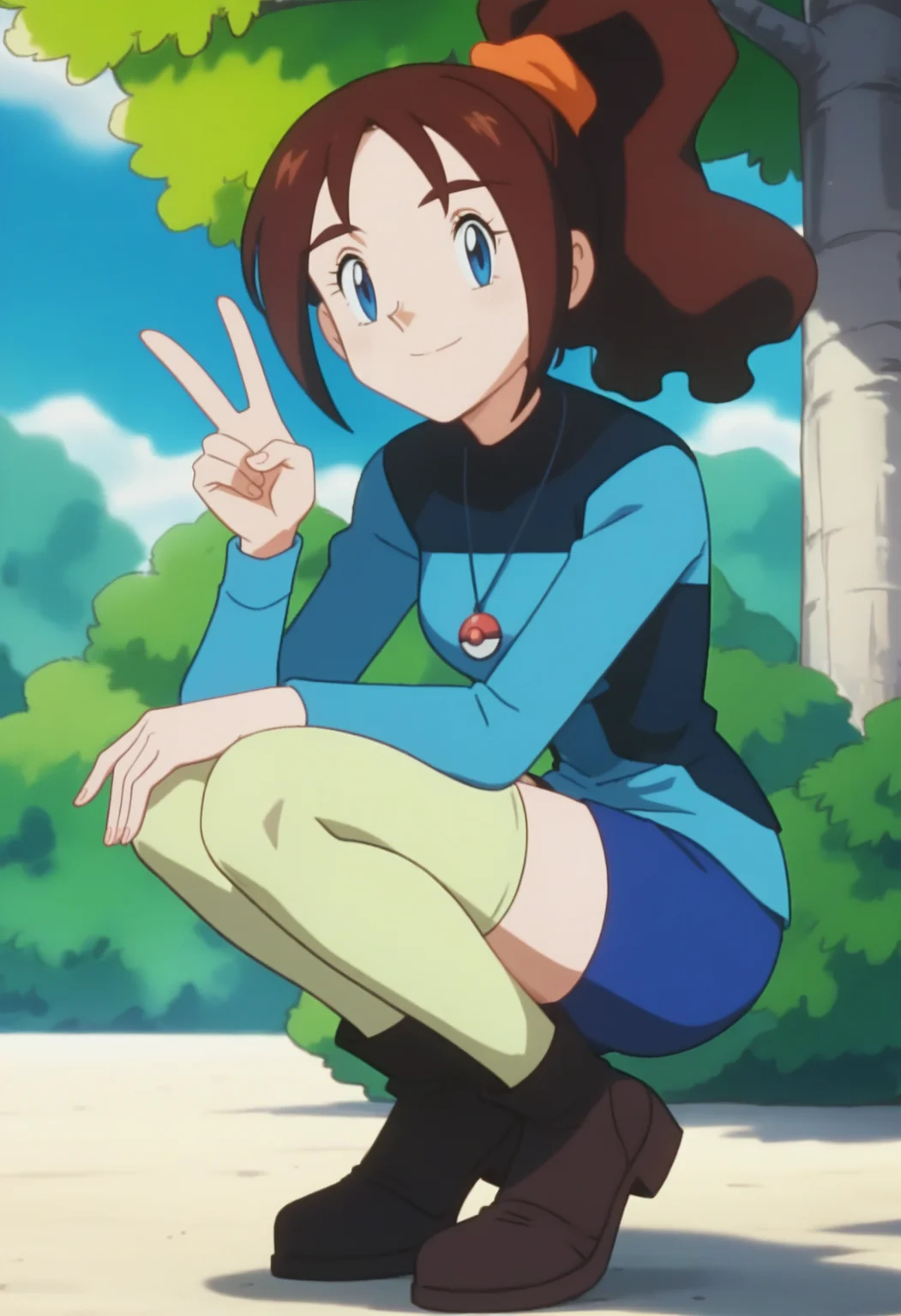 score_9, score_8_up, score_7_up, score_6_up, anime screencap, anime coloring, <lora:PMBailey_epoch_10:0.9>, PMBailey, 1girl, solo, high ponytail, brown hair, blue eyes,
pokeball necklace, blue shirt, long sleeves, blue shorts, yellow-green thighhighs,
black boots,
looking at viewer, squatting, smile, v sign,
BREAK outdoors, day, sunlight, sunbeam, blue sky, tree,