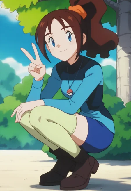 score_9, score_8_up, score_7_up, score_6_up, anime screencap, anime coloring, <lora:PMBailey_epoch_10:0.9>, PMBailey, 1girl, solo, high ponytail, brown hair, blue eyes,
pokeball necklace, blue shirt, long sleeves, blue shorts, yellow-green thighhighs,
black boots,
looking at viewer, squatting, smile, v sign,
BREAK outdoors, day, sunlight, sunbeam, blue sky, tree,