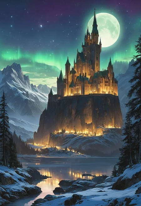 A captivating night scene illustration featuring a grand Norse castle standing tall on a rocky and snowy mountain. The castle, adorned with some windows, emits a warm glow, highlighting its incredible craftsmanship. The snowy mountain is covered in great pine trees, reflecting on the calm, moonlit snow  that mirrors the silvery moonlight. The full moon graces the sky, casting an ethereal glow on the clouds and mountain, while wispy clouds partially obscure its brilliance, adding to the scene's mystique. Twinkling stars dot the sky, the northern lights shine brightly in hues of greens, bluesl, and purples, creating a celestial tapestry that harmonizes with the moon's radiance. This enchanting artwork captures a serene and peaceful night, where the illuminated Norse Viking Hall  stands resolute amidst the celestial beauty, creating a cinematic experience., illustration, cinematic
<lora:DonM3t3rn1tyXL-v1.1:0.7>, DonM3t3rn1tyXL,
OverallDetailXL  <lora:MJ52:0.3>  <lora:SDXLFaeTastic2400:0.4>  <lora:EpicF4nta5yXL:0.7>