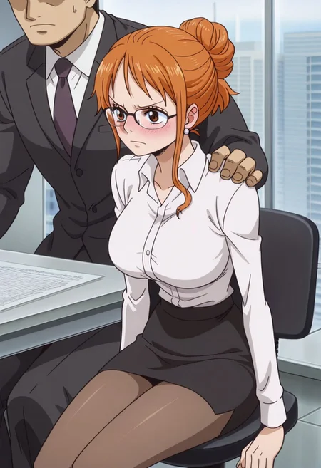 1girl,solo,mm,mature female,orange hair,brown eyes,earrings,large breasts,anime coloring,
hair bun, glasses, secretary, white button-up, black skirt, pantyhose, working at desk, office background, sitting down,
1guy, dark male in suit, faceless male, bulge in pants, blushing, massaging shoulders
,masterpiece,best quality,amazing quality,<lora:NAMI-ONE_PIECE-SabaodyWano:0.8>