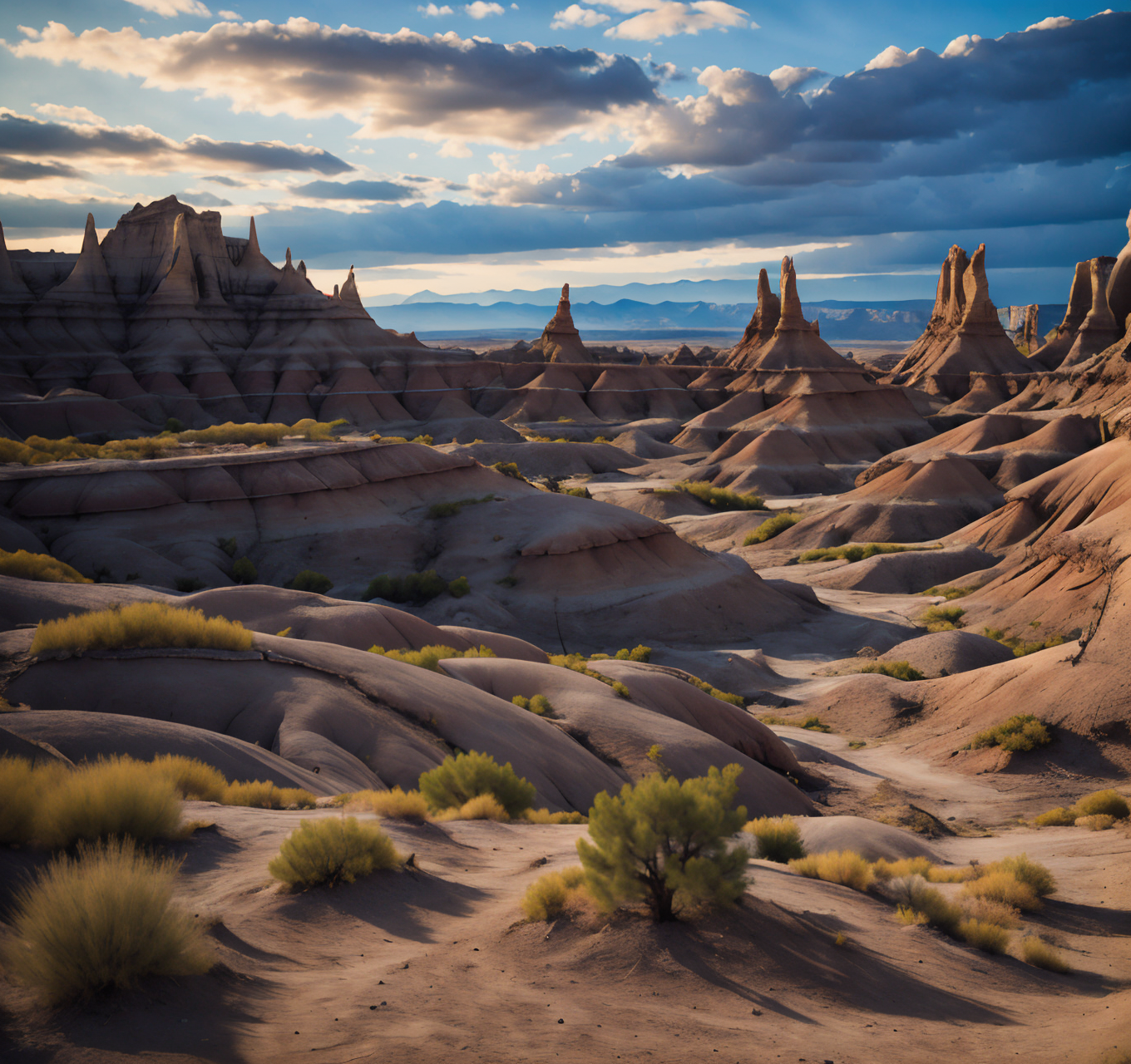 RAW photo, (masterpiece:1.3), subsurface scattering, heavy shadow, (high quality:1.4), (intricate, high detail:1.2), professional photography, HDR, High Dynamic Range, realistic, ultra realistic, photorealistic, high resolution, film photography, ambient lighting, atmospheric effects, <lora:detail_slider_v4:2>, OverallDetail,  <lora:Badlands:1>, badlands, blue sky, cliff, cloudy sky, evening, grass, landscape,  mountainous horizon, no humans, ocean, outdoors, photorealistic, plant, realistic, road, rock, ruins, sand, scenery, sky, sunlight, sunset, tombstone, traditional media, tree