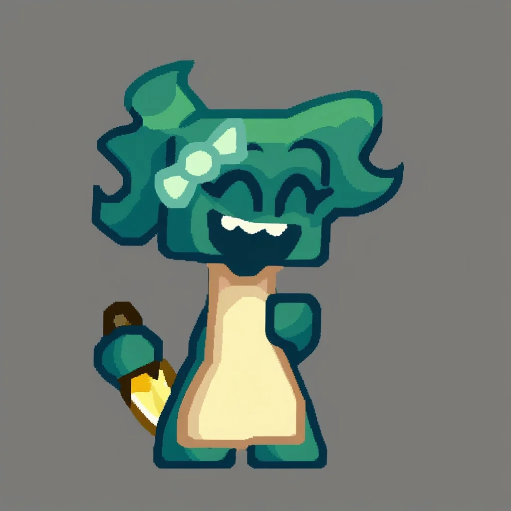 Score_9, score_8, score_7, score_6, source_cartoon, KintGurl, 1girl, solo, female focus, 2D, digital art, flat colors, clean lines, cartoonish, cartoon, Gradient shading, bold outlines, humanoid, square head, armless, disembodied hands, floating hands, Dark teal skinned female, Teal skin, colored skin, Black sclera, yellow eyes, circular eyes, no nose, no eyebrows, Ponytail, neckless, floating head, Tied hair, long hair, wavy hair, dark teal hair, teal hair, bow, bow on hair, light green bow, yellowish white apron, apron, full body, standing, Holding knife, holding weapon, holding, yellow knife, golden knife, smile, smiling, teeth, happy expression, happy, closed eyes, ^^, ^ ^, hand on chest, open mouth, angled view, gray background
