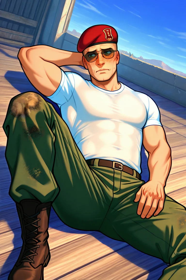 score_9, score_8_up, score_7_up, score_6_up, perfect anatomy, perfect proportions, best quality, masterpiece, high_resolution, high quality, best aesthetic, incredibly absurdres, highres, extremely detailed, huge filesize, solo male, adult, mature, masculine, manly, handsome, charming, alluring, full body, dutch angle, cowboy shot, perfect face, source_game \(Fallout: New Vegas\), official style \(Fallout: New Vegas\), Craig Boone, FNVBoone, bald, green eyes, Boone_Outfit01, sunglasses, red beret, 1st Recon beret\(Fallout: New Vegas\), 1st Recon emblem\(Fallout: New Vegas\), white undershirt, short sleeves, brown military-esque cargo pant, combat boots, indoors, lying on wooden floor, lying on back, spread legs, hand behind head, embarrassed, nervous, mad, dynamic angle, Fallout: New Vegas location, post-apocalyptic ruins, desolated landscape, dark blue sky