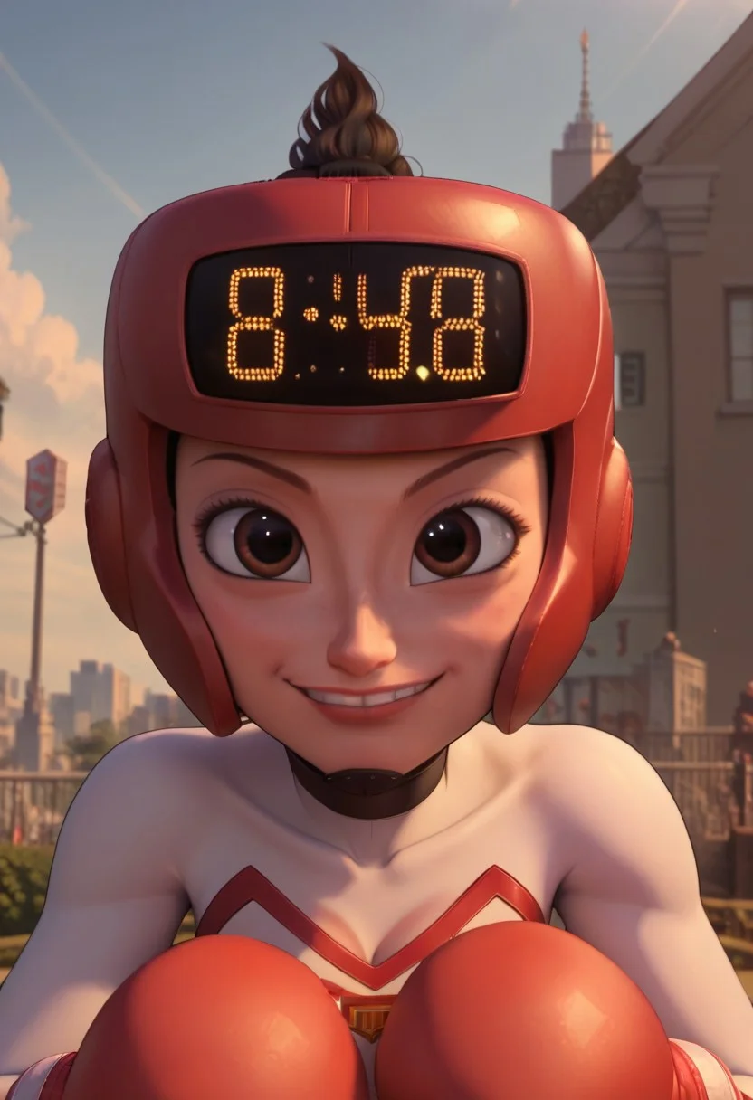 ((city background)),score_9, score_8_up, score_7_up,score_6_up, 
1girl, Solo, Kayoh_HI, light skin, light brown eyes, dark brown hair, short curly ponytail sticking out from the top of the helmet, dark brown eyebrows, red boxing helmet with a digital scoreboard, red boxing gloves, black and white full body tight sports suit, logo on chest, white boxing boots, social smile, big eyes, cute face, close-up, face photo, perfect eyes, perfect smile