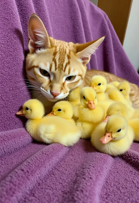 [A calm cat resting on a purple towel | A group of yellow ducklings huddled around the cat], creating a peaceful scene. The [cat’s fur is soft and inviting | the ducklings are tiny and fluffy], blending in perfect harmony. [The atmosphere is quiet and serene | the ducklings' movement adds a playful dynamic].