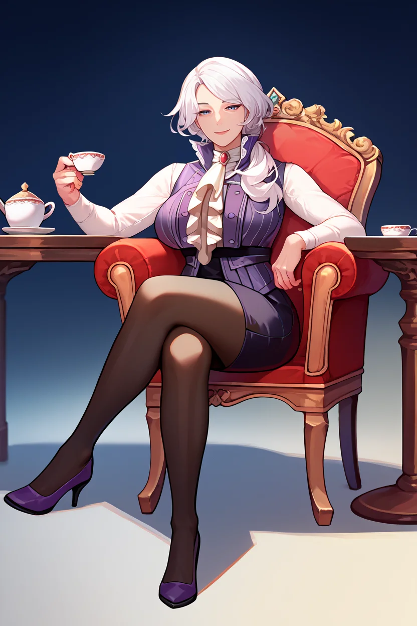 score_9, score_8_up, score_7_up, score_6_up, source_anime, 1girl, solo, <lora:willowschnee-pdxl-nvwls-v1-000008:1> rbWillow, white hair, hair over shoulder, high collar, purple vest, white shirt, ascot, long sleeves, black skirt, black pantyhose, large breasts, looking at you, mature female, high heels, sitting, fancy chair, crossed legs, smile, table, teacup