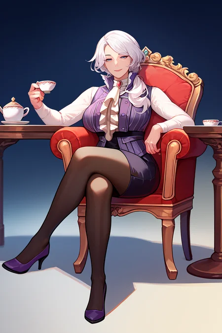 score_9, score_8_up, score_7_up, score_6_up, source_anime, 1girl, solo, <lora:willowschnee-pdxl-nvwls-v1-000008:1> rbWillow, white hair, hair over shoulder, high collar, purple vest, white shirt, ascot, long sleeves, black skirt, black pantyhose, large breasts, looking at you, mature female, high heels, sitting, fancy chair, crossed legs, smile, table, teacup